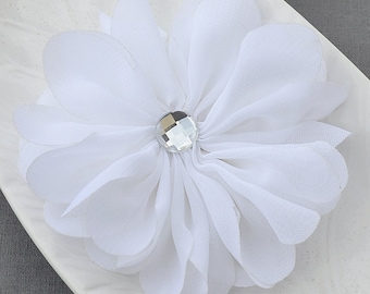 20 pcs White Chiffon Flower Soft Fabric Silk Rhinestone Ballerina Twirl Flower Bridal Wedding Baby Hair Comb Clip Pin Headband SF109
