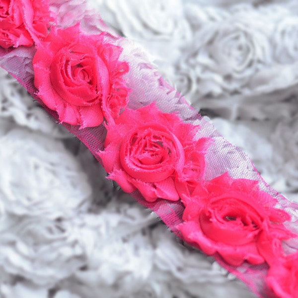 1/2 Yard Shabby Rose Trim Shabby Flower Shabby Frayed Chiffon Flowers Lace Applique Fuchsia Hot Pink Wedding Bridal Hair LA074