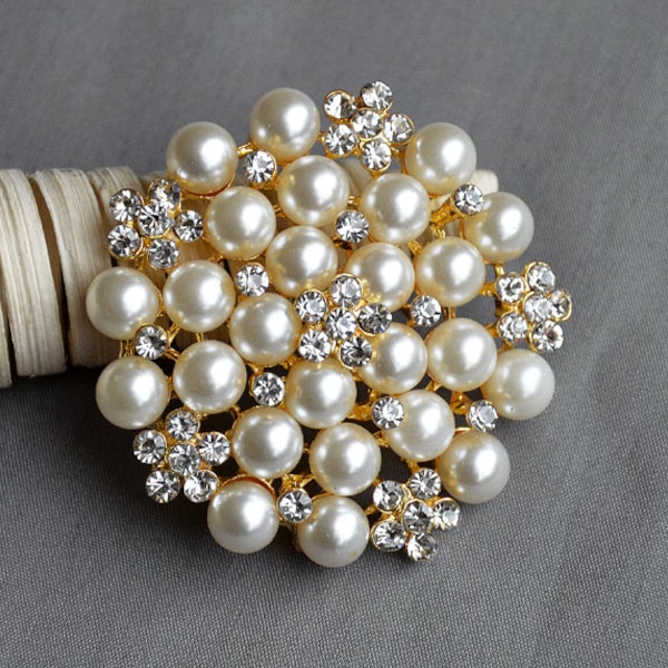 SALE Rhinestone Brooch Crystal Pearl Brooch Gold Wedding Brooch Bouquet Cake Decoration Hair Comb Shoe Clip DIY Supply BR227