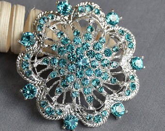 Teal Blue Aqua Blue Rhinestone Brooch Crystal Wedding Bridal Button Brooch Bouquet Cake Decoration Hair Comb Shoe Clip BR229