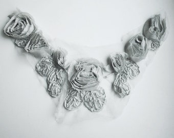 Chiffon Rose Lace Collar Trim Appliqué Grey 3D Bridal Wedding Camellia Ruffled Flower FREE Combine Shipping US LA033