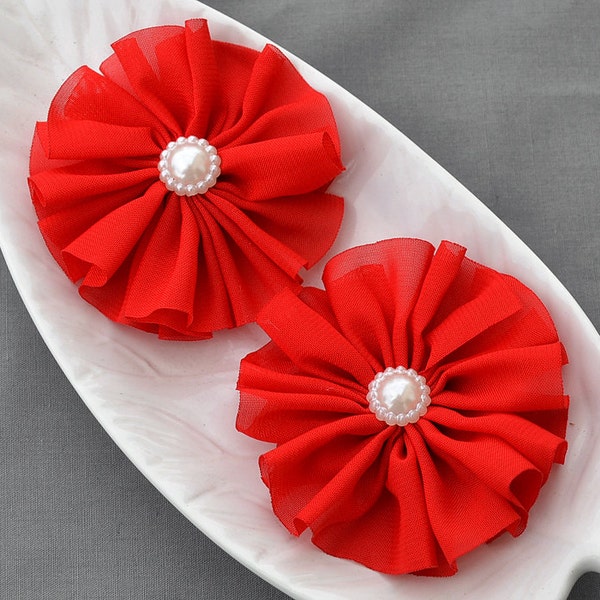 20 pcs Red Chiffon Flower Soft Fabric Silk Pearl Ballerina Twirl Flower Bridal Wedding Garter Baby Hair Comb Clip Headband SF151