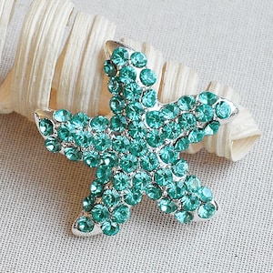 10 pcs Teal Green Rhinestone Button Embellishment Crystal Starfish Wedding Brooch Bouquet BT568