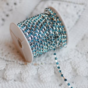 3 Feet Turquoise Blue Australia Rhinestone Chain Crystal Silver Teal Peacock Blue SS12 Wedding Cake Bouquet Decoration RC079