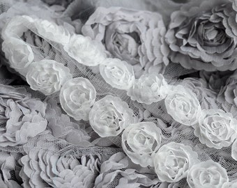 2.5 Yards Chiffon Rose Lace Trim Appliqué White Bridal Wedding Mesh Tulle Tutu Dress LA023