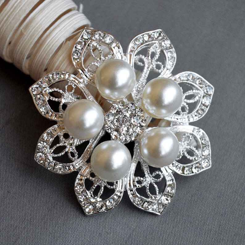 10 Rhinestone Brooch Pinback Button X LARGE Pearl Crystal Wedding ...