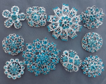 10 st. blågrön akvablå strassbrosch kristallbroschknapp brudbroschbukett bröllopstårtdekoration servettring DIY-kit BT987