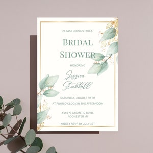 Greenery and Gold Bridal Shower Invite, Editable Template, Digital Download, Eucalyptus, Boho Bridal Shower Invitation