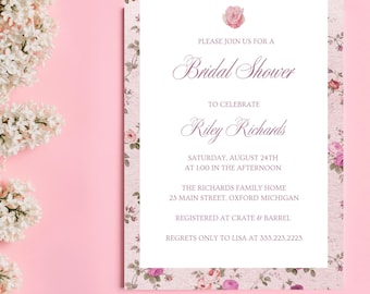 Bridal Shower Floral Coquette Invitation, Bridal Shower Invite, Pink Floral Invitation, Digital Download, Editable Template