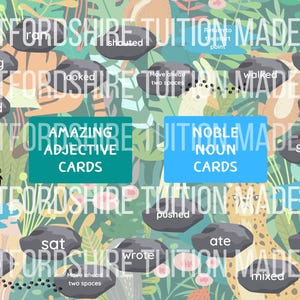 May include: A colorful game board with a jungle theme. The board features a path with different colored stones and instructions to move forward or backward. The game is called "Amazing Adjective Cards" and "Noble Noun Cards".