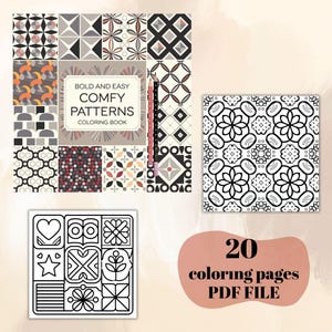 May include: A colouring book with 20 pages of geometric patterns. The cover features a collage of colourful patterns and the title "Bold and Easy Comfy Patterns Colouring Book".