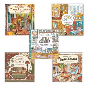 May include: A set of five coloring books featuring cozy and relaxing scenes. The covers feature illustrations of a porch swing, a fireplace, a living room corner, a bedroom, and a living room with a fireplace. Each book is titled with a different theme: Cozy Autumn, Comfy Patterns, Little Corner, Cozy Spaces, and Hygge Scenes.