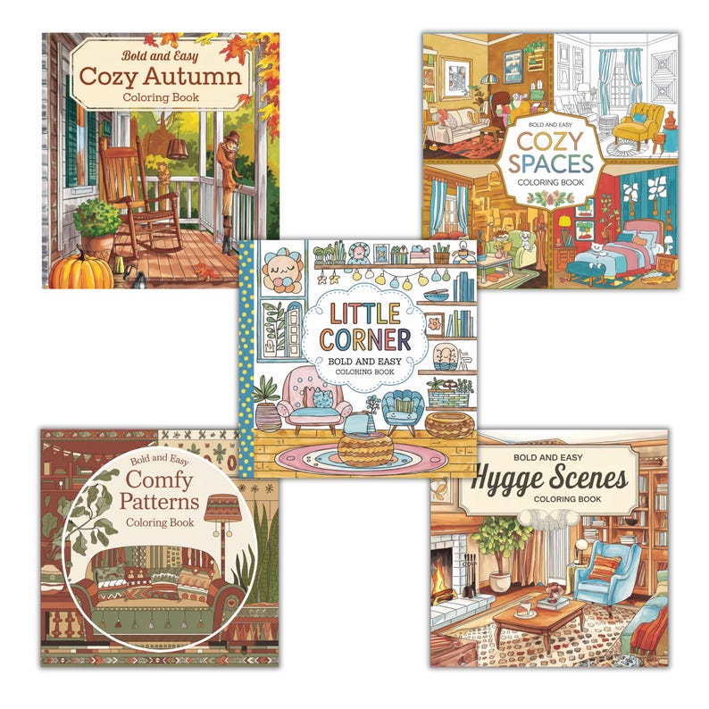 May include: A set of five coloring books featuring cozy and relaxing scenes. The covers feature illustrations of a porch swing, a fireplace, a living room corner, a bedroom, and a living room with a fireplace. Each book is titled with a different theme: Cozy Autumn, Comfy Patterns, Little Corner, Cozy Spaces, and Hygge Scenes.