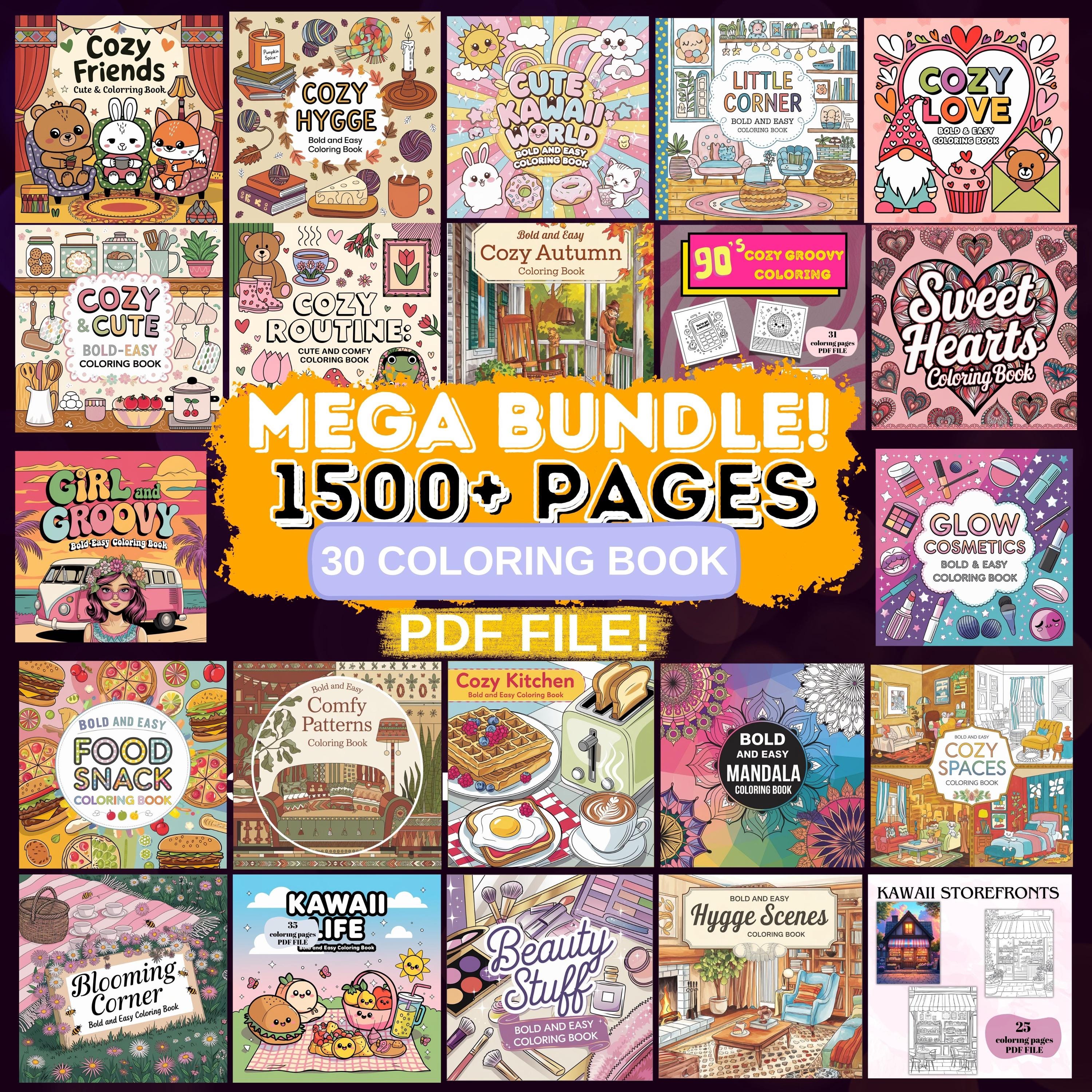 1500+ Cozy Coloring Pages Mega Bundle | Digital Printable Coloring Books for Adults & Kids | Stress Relief, Hygge, Kawaii & Mandalas
