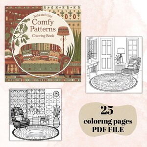 May include: A colouring book with 25 pages of illustrations featuring cosy living room scenes. The cover features a sofa with cushions and a patterned rug. The text on the cover reads "Bold and Easy Comfy Patterns Colouring Book".