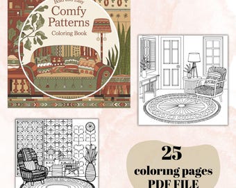 Cute Patterns Coloring Pages Printable, Cozy Home Pattern Coloring Sheets, Stress Relief, Coloring Activity Adult, Bold Easy, Comfy Relaxing