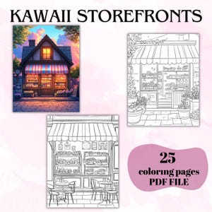 25 Kawaii Town Storefronts Coloring Pages for Adults, Printable Coloring Book, Kawaii Storefronts Urban Sketch Coloring, Digital Download