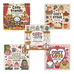 May include: Four different coloring book covers with a cozy theme. Each cover features a different illustration and title: Cozy Friends, Cozy Routine, Cozy & Cute, and Cozy Love. All covers have a bold and easy coloring book description.