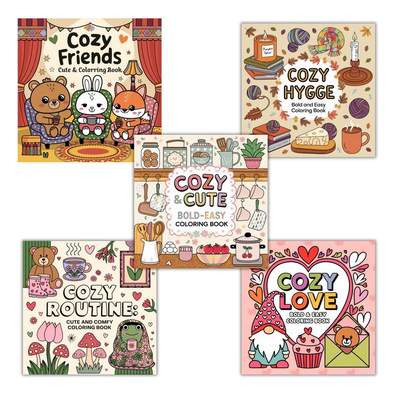May include: Four different coloring book covers with a cozy theme. Each cover features a different illustration and title: Cozy Friends, Cozy Routine, Cozy & Cute, and Cozy Love. All covers have a bold and easy coloring book description.