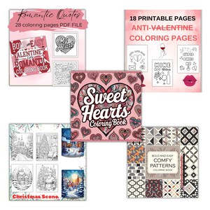 May include: A collection of coloring books featuring various themes, including romantic quotes, sweet hearts, anti-valentine, and comfy patterns. The covers are designed with a pink, red, and black color scheme.