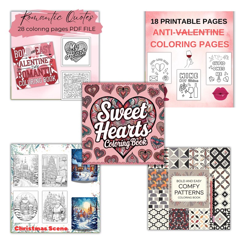 May include: A collection of coloring books featuring various themes, including romantic quotes, sweet hearts, anti-valentine, and comfy patterns. The covers are designed with a pink, red, and black color scheme.