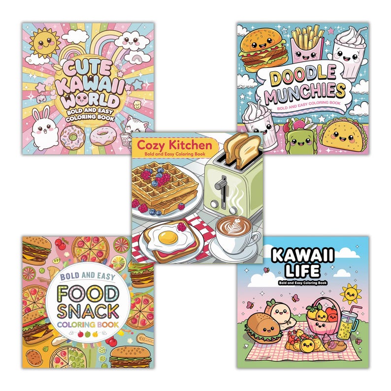 May include: Five different coloring book covers featuring cute kawaii illustrations of food and snacks. The covers are pink, blue, green, and yellow with white text. The titles are "Cute Kawaii World", "Doodle Munchies", "Cozy Kitchen", "Food Snack Coloring Book", and "Kawaii Life".
