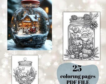 25 Christmas in a Jar Coloring Book, Noel Jars Printable Coloring Pages, Grayscale Winter Holiday, Coloring Book for Adults and Kids, Xmas
