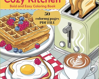 50 målarbilder för mysiga kök, djärva och enkla illustrationer, roliga och avkopplande, söt utskrivbar digital PDF-bok för direktnedladdning, stresslindring