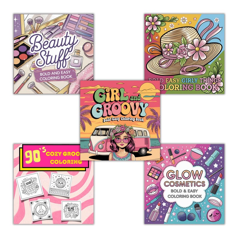 May include: Five different coloring book covers featuring a variety of themes, including beauty, fashion, and 90s nostalgia. Each cover features bold, colorful illustrations and the title "Bold & Easy Coloring Book".