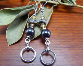 Beautiful Hematite and silver dangle earrings, crystal spacer beads, buttercream glass seed beads, silver spacers, boho dangle, wedding