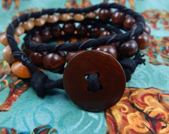 Tribal Wood Beaded Wrap Bracelet, Wood Beaded Bracelet, Wood Bead Wrap Bracelet, Tribal Gypsy Hippie Bead Wrap Bracelet