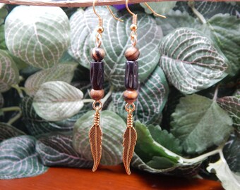 Beautiful wood dangle earrings, gold engraved feather charms, round wood beads, wood tube beads, organic dangle earrings, boho dangle