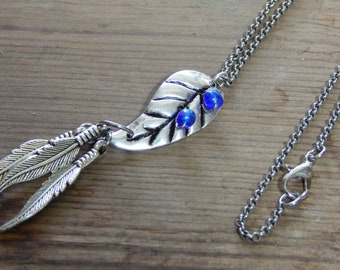 Silver rolo chain and feather necklace, boho necklace, 18" silver plated leaf necklace, summer, boho necklace, blue seed beads