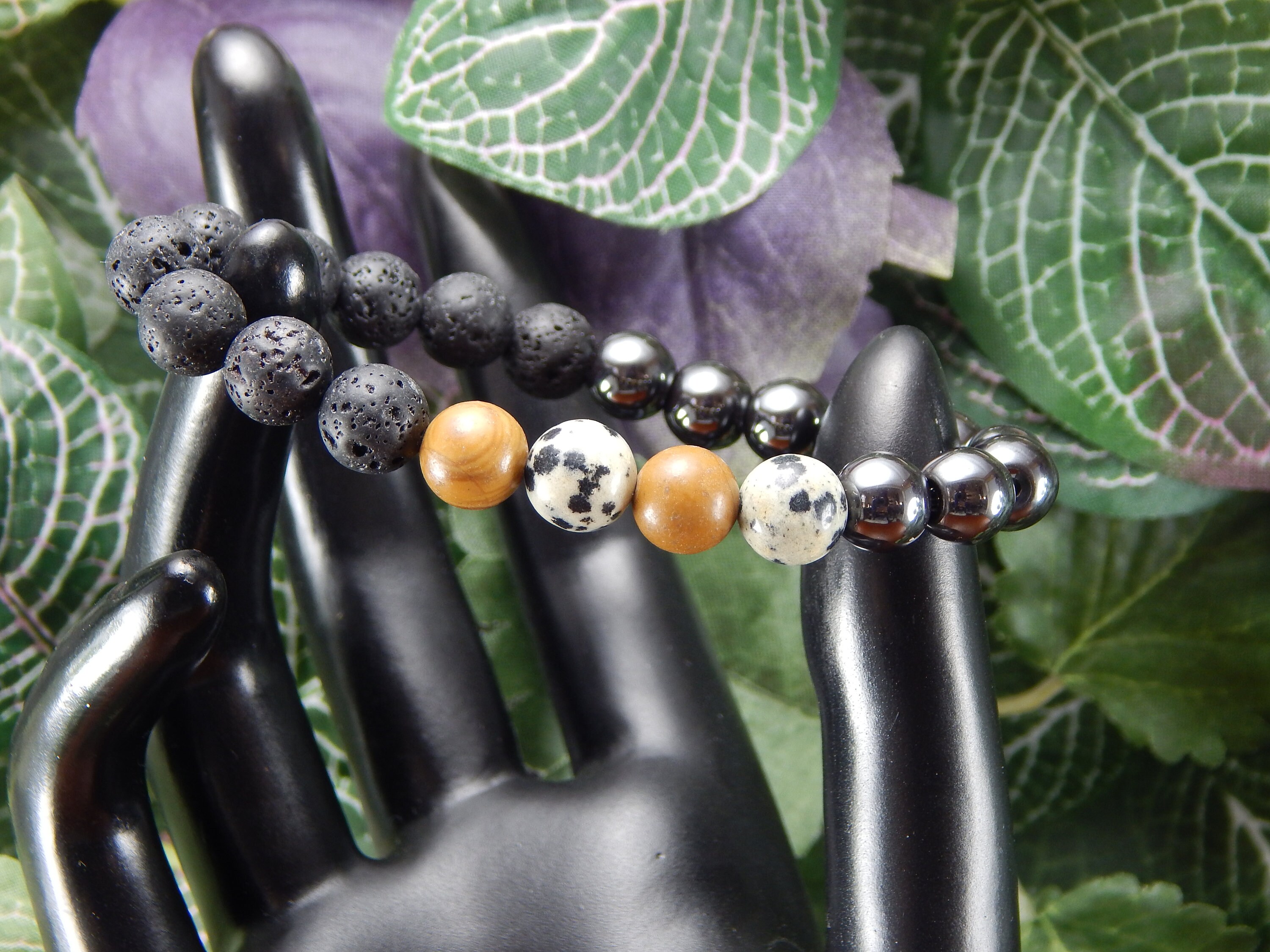 Gear Trio Beaded Bracelet With Lava Beads & Grey Wood Jasper