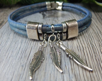 Tribal Inspired Demin Blue Cork Bracelet, Southwestern Bracelet, Silver Bracelet, Feather Charm Bracelet, Leather Bangle Bracelet