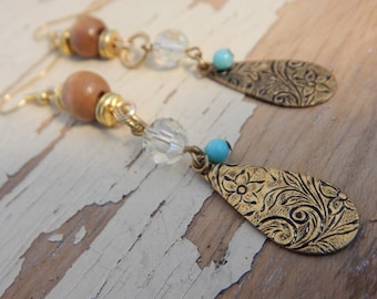 Antique Gold Etched Tear Drop Earrings, Boho Earrings, Boho Jewelry, Bohemian Earrings, Boho Dangle Earrings, Wood Crystal Turquoise Beading