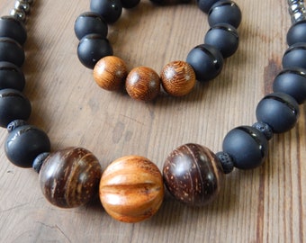 Artisan Black Agate Wood Necklace, Men's Tribal Jewelry Set, Chunky Wood Bead Necklace, Wood Bead Bracelet, Gift Necklace Set, Men's Jewelry