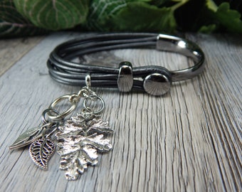 Gunmetal leather cuff bangle bracelet, multi strand bracelet, gunmetal bracelet, leaf charm bracelet, size 8 1/2"