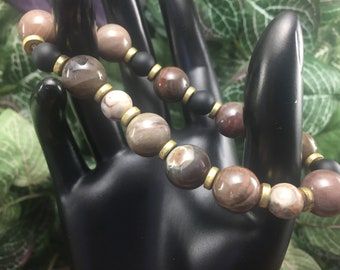 Big Bold Jasper, Black Matte Onyx beads. Organic Bracelet, Adjustable Stretch Bracelet, Gift, Unisex Bracelet