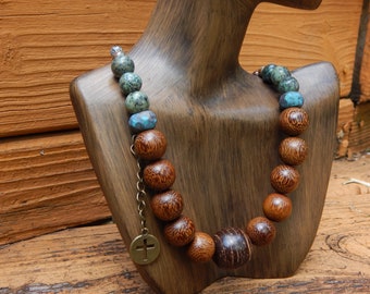 Statement Tribal Wood Bead Necklace, Cross Charm, Tribal Jewelry, Wood Bead Necklace, Boho Wood Bead Necklace, Wood Bead Jewelry