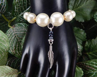 Big and bold Tribal Pearl wedding bracelet, Tribal Feather Charm Bracelet, Gift for Bride, Gift for Mother of the Bride