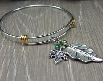 Silver bangle charm bracelet, memory wire bracelet, cluster charm bracelet, boho jewelry, leaf charms, glass seed beads