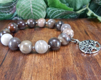 Big Bold Wood Jasper Beaded Bracelet, Tree of Life Charm Bracelet, Organic Tribal Bracelet, Adjustable Stretch Bracelet