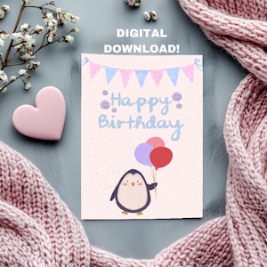 Carte de joyeux anniversaire Carte à téléchargement numérique Carte d'anniversaire imprimable Carte de joyeux anniversaire pingouin avec des petits gâteaux colorés