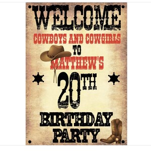 Nome personalizzato su misura Testo con testo Grande striscione di compleanno Decorazione da tavolo per qualsiasi età Bambini Adulti Tema western Cowboy Cowgirl