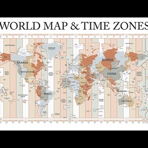 Signe d'apprentissage Carte du monde et fuseaux horaires Pays Liste de noms d'horloge Éducatifs Enfants École maternelle Adultes Poster ou autocollant de format A