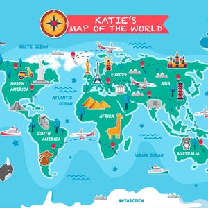 Gepersonaliseerde naam Kinderkamer Kinderkaart van de wereld met dieren Educatief hulpmiddel Geografie Poster afdrukken optioneel lamineren