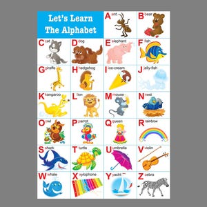 Imparare l'alfabeto inglese lettere e immagini parole colorato grafico educativo bambini asilo nido scuola materna formato poster o adesivo decalcomania