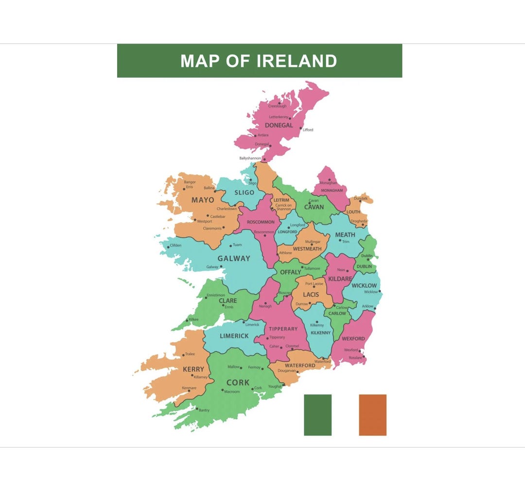 Map of Ireland Counties County Regions Detailed Cities Towns Poster