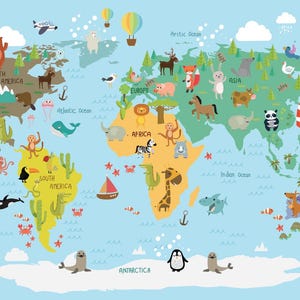 Jonge kinderen Kinderdagverblijf Wereldkaart met dieren Landen Educatief leermiddel Geografie Poster Print optioneel Lamineren A-maten